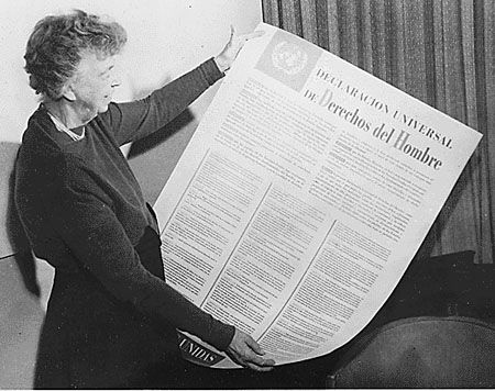 Eleanor Roosevelt and a copy of the UN Declaration