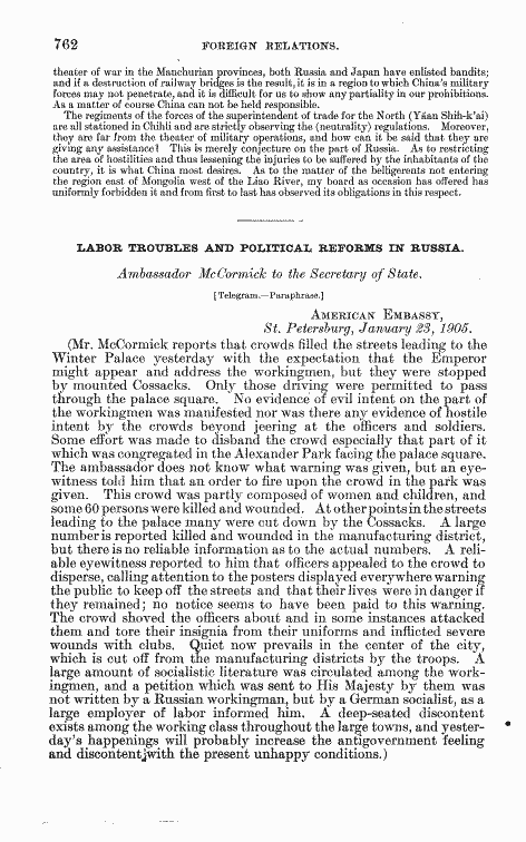 Account of Bloody Sunday; Source Foreign Relations of the United States