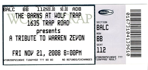 Warren Zevon tix