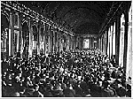 Interior of the Galerie des Glaces during the Signing of the Peace Terms, Versailles, France, 28 June 1919. Photographed by Lieutenant M. S. Lentz, War and Conflict Number 724, National Archives and Records Administration, http://merrimack.nara.gov:80/cgi-bin/starfinder/6624/images.txt